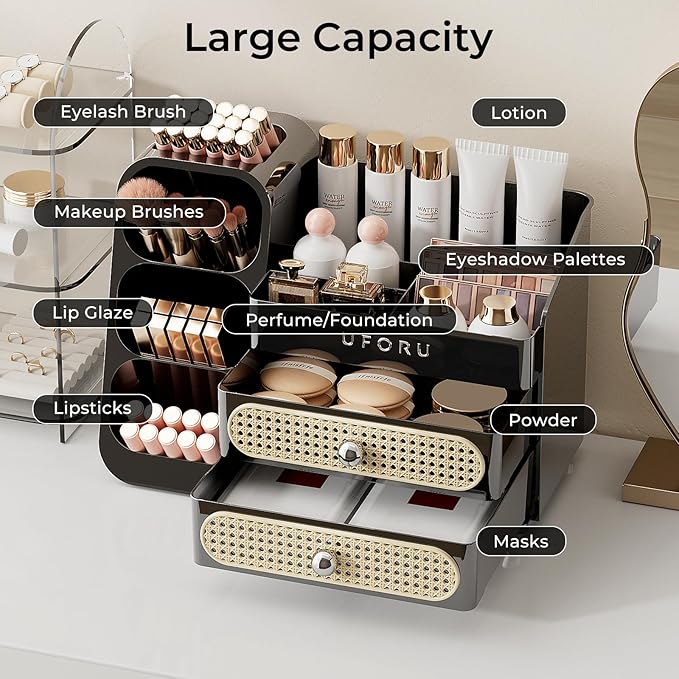 UFORU Makeup Organizer Countertop with Brush Holder for Vanity Bathroom | Large Capacity, Thickened Plastic, 2 Rattan Drawers, Compact Size, Detachable Brush Holder, Divided Compartments, Easy Access