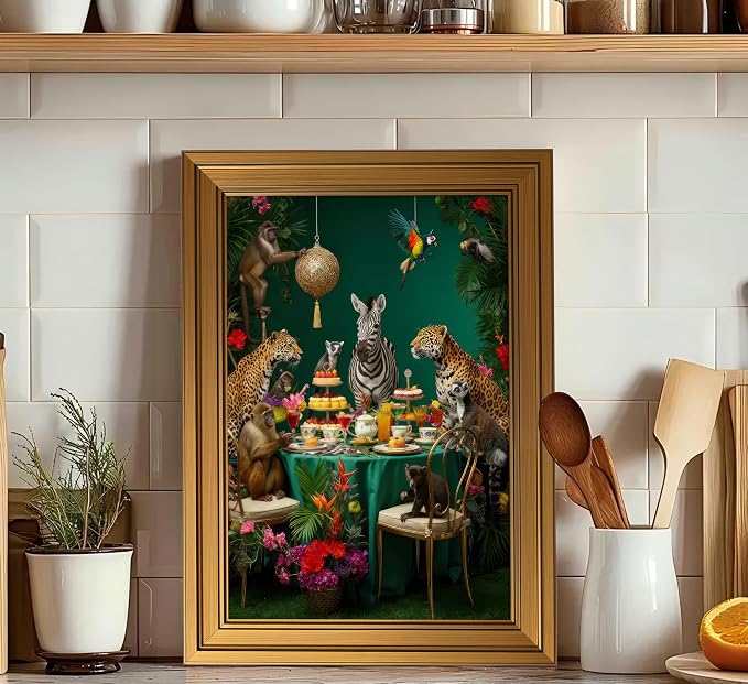 Vintage Gold Framed Jungle Animal Wall Art Colorful Safari Dinner Tea Party Picture Wall Decor Zebra Cheetah Monkey Poster Tropical Plants Painting Canvas Print Artwork for Kitchen Dining Room