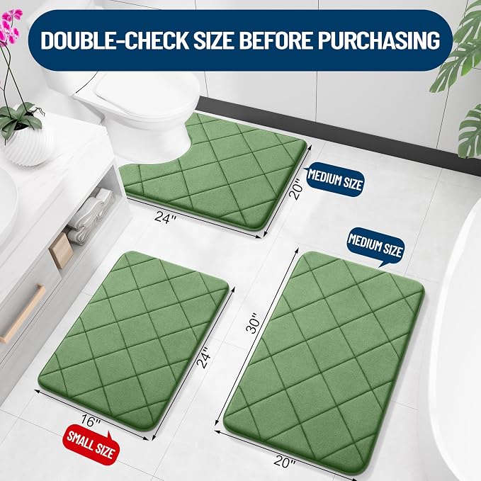 OLANLY Memory Foam Bath Mat 30x20, Ultra Soft and Absorbent Bathroom Rugs | Olive Green, Quick Dry, Machine Washable Shower Bath Rugs, Comfortable Bath Carpet for Bathroom Floor, Tub and Shower