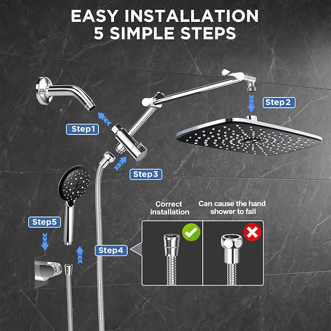 Veken 11.8" High Pressure Shower Head with Handheld, Metal Core Fittings | Handheld Shower Heads with Multi Spray Modes, Rainfall Combo, Detachable Dual Shower, Bathroom Decor, Durable, Chrome Silver