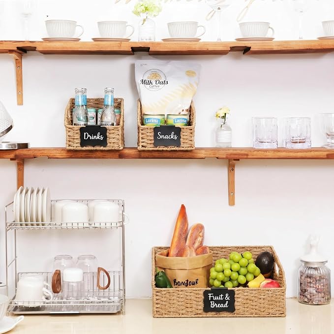 Pantry Organizers, Handwoven Large Wicker Baskets for Shelves & Kitchen, Labeled Storage Baskets for Organizing with Handles - Paper Storage Bins for Shelves, 3 Pack, Natural