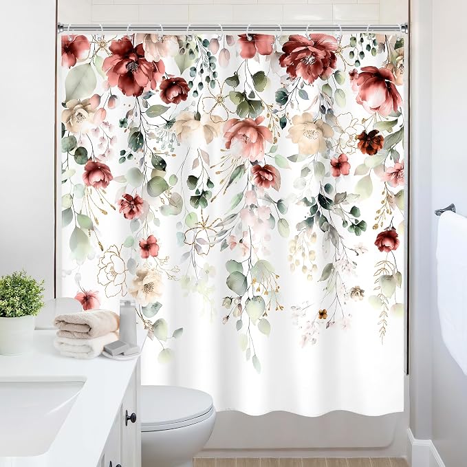 Red Floral Burgundy Rustic Watercolor Plant Bathroom Shower Curtain Set | 72"W x 72"L Flower Green style, clear shower print, fast-dry fabric and hooks for a simple bath update.