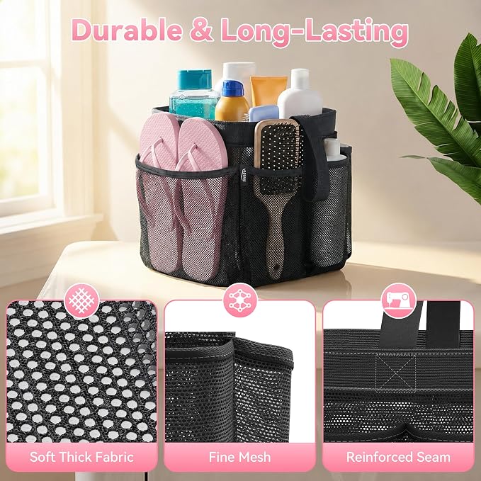 Mesh Shower Caddy Portable for Dorm College Room Essentials, 8-Pocket Large Shower Bag with Single Handles, Hanging Shower Basket for Beach, Swimming, Bathroom, Beach, Black