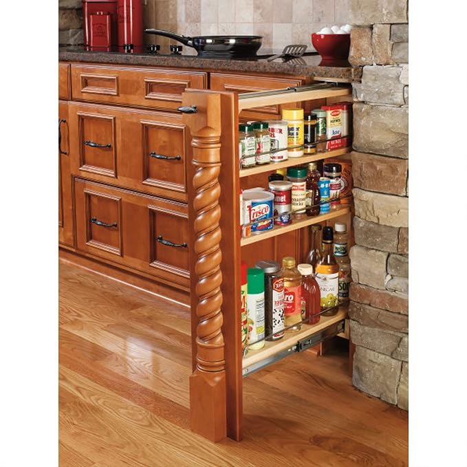 Rev-A-Shelf Pullout Filler for Between Base Kitchen Cabinets, Wooden Pantry Storage Shelves for 6" W x 30" H Opening, New Install Only, 432-BF-6C