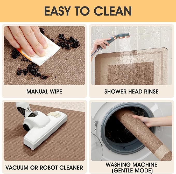Non Slip Bath Mat, Thin Bathroom Rugs Fit Under Door, Quick Dry Bath Mats, Machine Washable Bath Rugs for Bathroom, Bathtub & Kitchen, Light Brown/Bordered/24 x17+ 24"x20" Contour Rug