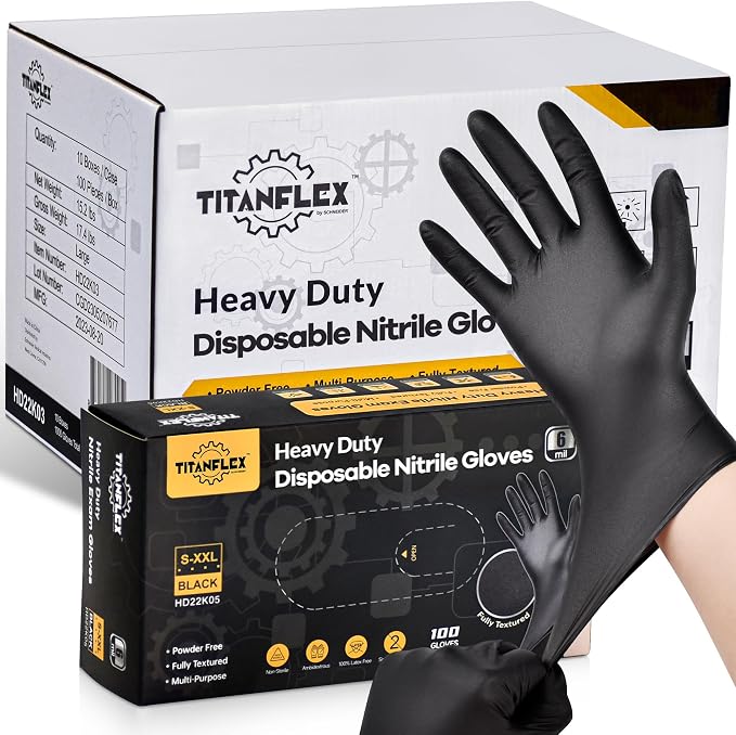 Heavy Duty Black Nitrile Gloves, 6 Mil, Fully Textured, Mechanic Disposable Gloves, Latex Free, Powder Free
