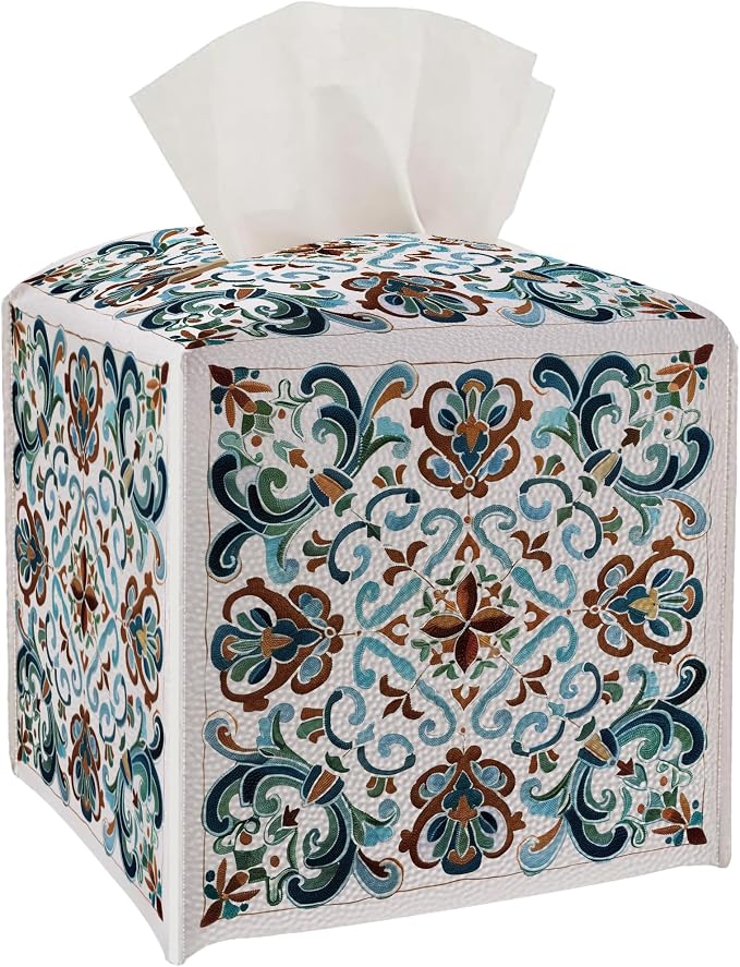 Tissue Box Cover Holder Square - Vintage Boho PU Leather Decorative Organizer, Ethnic Carpet Pattern Design Inspired, with Bottom Belt for Bathroom Car Office Tabletop Home, 5x5 Inch (Blue)