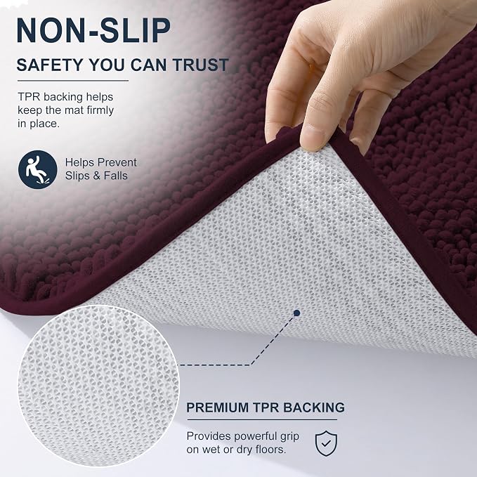 Smiry Thick Chenille Bathroom Runner Rugs 44x24, Bath Mat, Black Cherry | Quick‑Dry & Machine Washable, Non‑Slip Bath Carpet, Soft Striped Bath Rugs for Tub & Shower, Modern Home Decor Accessories