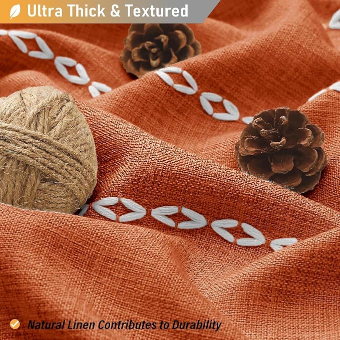 48 x 72 Boho Linen Heavy Duty Cloth Shower Curtain Set, Burnt Orange | Stall Size, 330GSM Linen Blend, Water Repellent, Vintage Striped Fabric, 8 Plastic Hooks, Rustic Country, Machine Washable