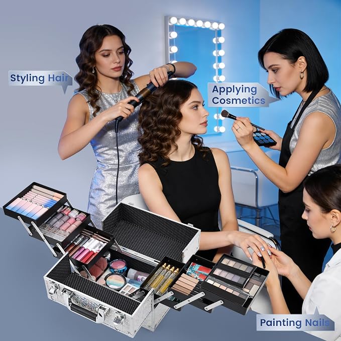 Makeup Case Cosmetic Train Case Organizer 11.8 Inch Large Makeup Box Travel Storage Make Up Train Carrying Case with 6 Trays Locking Hard Vanity Storage Glitter Silver
