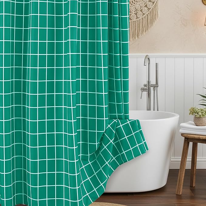 Biscaynebay Fabric Shower Curtain for Bathroom-Modern Farmhouse Faux Linen Textured Grid Plaid Shower Curtains, Minimalist Simple Geometric Neutral Decor Machine Washable-70x72 Inches Turquoise