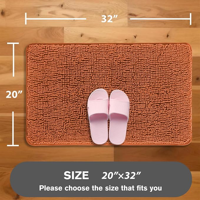 Burnt Orange Bathroom Rugs – Absorbent and Washable Bath Mat, Non-Slip, Thick Soft Chenille Bath Rugs for Bathroom Floor, Shower, Sink - 20" x 32"
