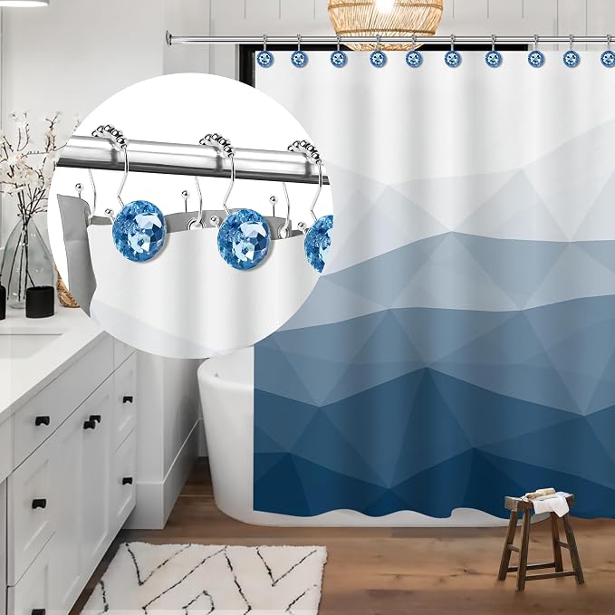 Sunlit Luxury Design Round Blue Diamond Crystal Gem Bling with Glide Balls Double Shower Curtain Hooks, Rust Proof Metal Rhinestones Glam Shower Curtain Rings-12 Pack