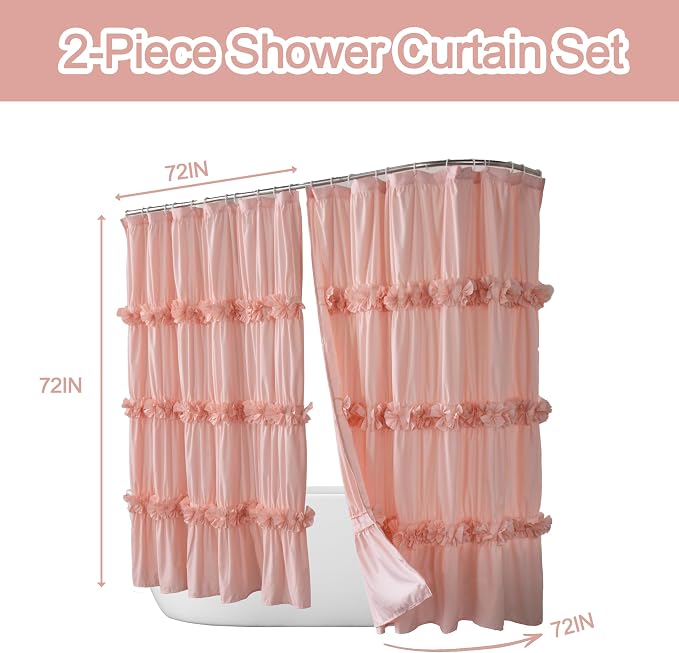 2-Piece Peach Shower Curtain, 72" W x 72" H x 2 Panels | Soft Fabric Double Panels for Easy Access, Cozy Brushed Texture, Ruffle Design, Everyday Bathroom Décor (LQ-44)
