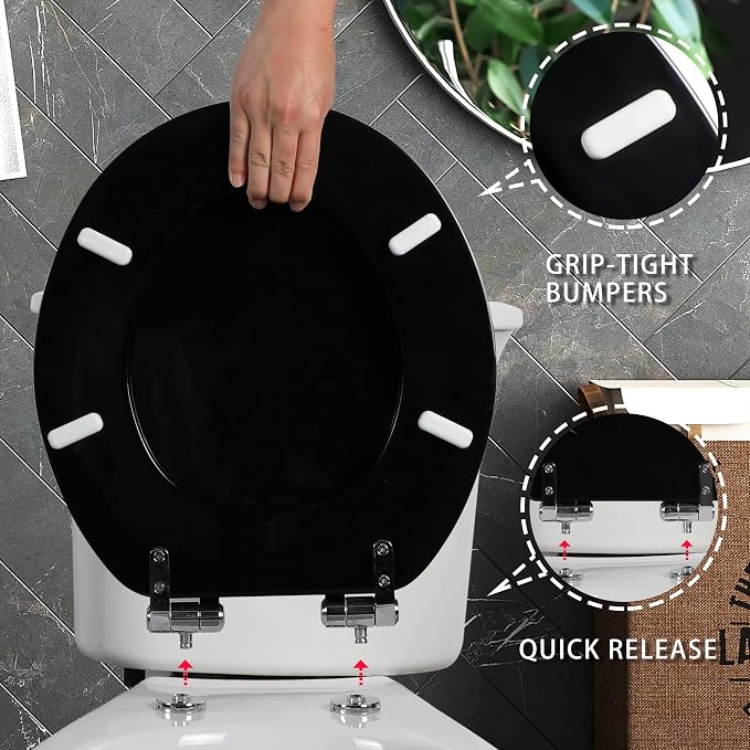 Angel Shield Round Toilet Seat Wood Molded UV Lid Soft Close | Quick Release Metal Hinges, Adjustable Fit for Standard Round Toilets, Easy Install&Clean(Black)