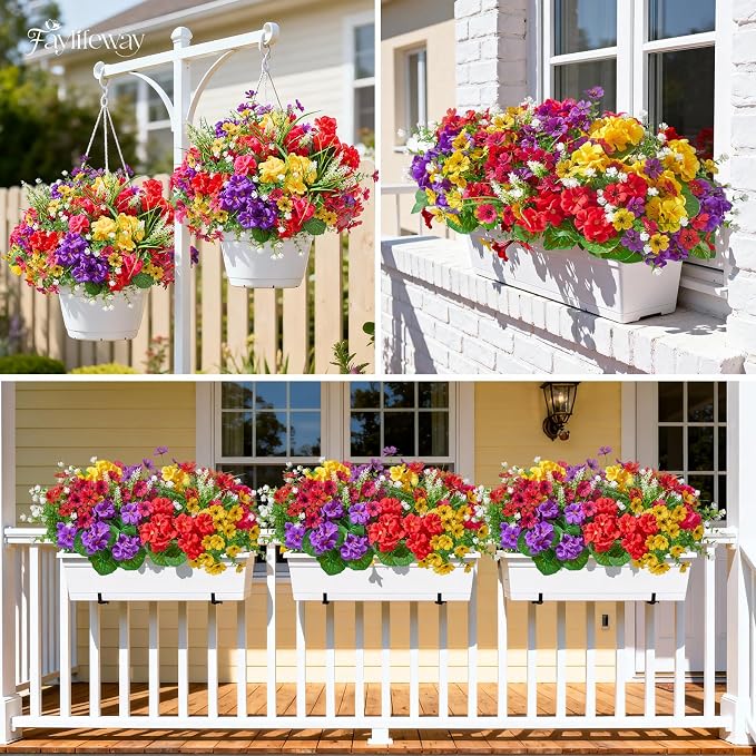 16 Bundles UV Resistant Silk Artificial Outdoor Flowers for Window Box | Mixed Color Realistic Anti-Fade Faux Flowers for Outside Planters,Garden,Porch,Patio,Yard,Home Decor(Purple&Hot Pink)