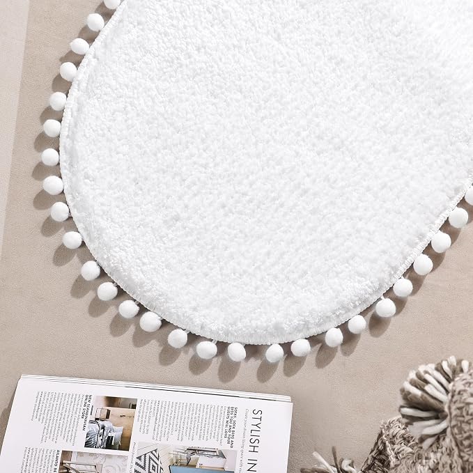 YIRDDEO Oval Rug for Bathroom, Cute Boho Bath Mat with Pom, White | Soft Plush, Absorbent, Quick Dry, Machine Washable, Non Slip Bath Mat for Bathroom Shower Floor Home Decor