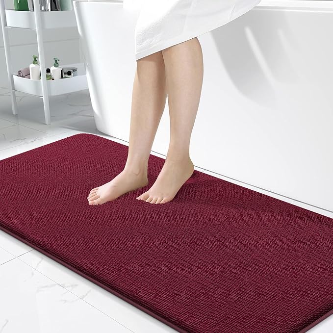 OLANLY Memory Foam Bathroom Runner Rugs 47x24, Absorbent Long Mat, Burgundy | Soft Quick Dry Bath Rugs, Non-Slip Carpet, Machine Washable Mat for Bathroom Floor, Tub and Shower, Home Decor Accessories