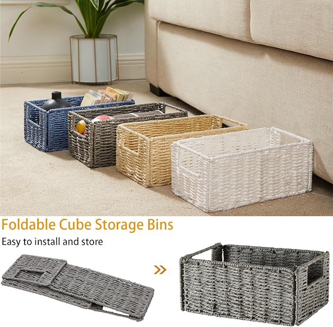 Wicker Storage Basket, Set of 2 Hand-Woven Paper Rope Wicker Basket, Small Storage Baskets for Organizing Toilet Paper Basket, Foldable Large Cube Storage Organizer Bins for Shelves (White)