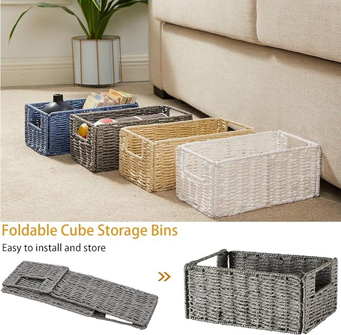 Wicker Storage Basket, Set of 2 Hand-Woven Paper Rope Wicker Basket, Small Storage Baskets for Organizing Toilet Paper Basket, Foldable Large Cube Storage Organizer Bins for Shelves (Blue)