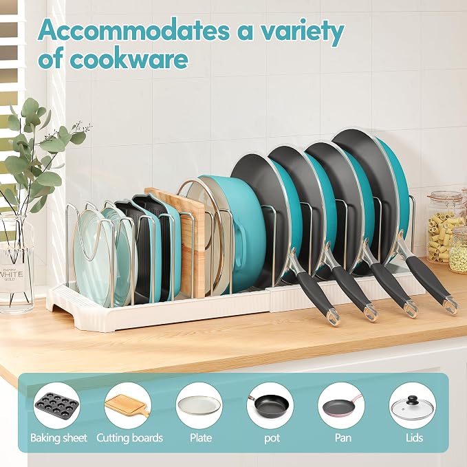 Expandable Pan Organizers Inside Cabinet with 12 Dividers White | Extends 12.9-21.9", Holds cookie sheets, cutting boards, pot lids and pans, iron dividers, plastic base, under cabinet rack
