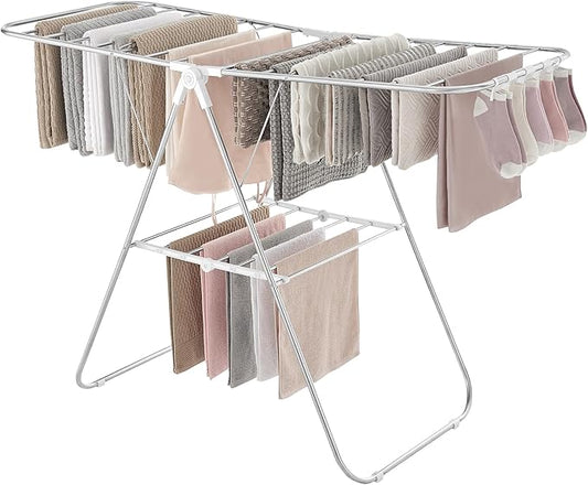 SONGMICS HOME Clothes Drying Rack with Wings, Foldable Laundry Rack with Sock Clips, Drying Clothes, Adjustable Height Airer for Indoor Outdoor Use, Silver and White