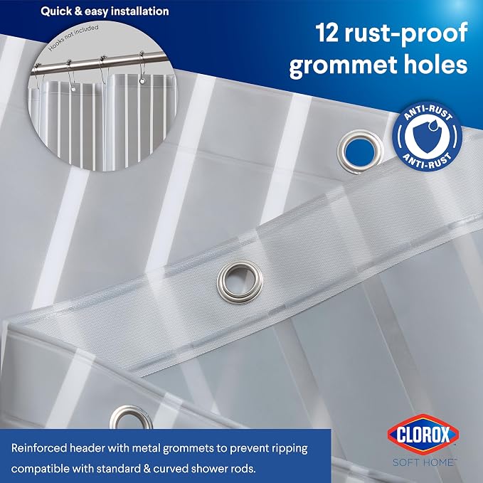 Clorox Shower Curtain Liner, Premium Striped Medium-Weight Durable Waterproof 6g PEVA for Bathroom with Weighted Magnets, Printed Standard Size 72" x 72", Grey