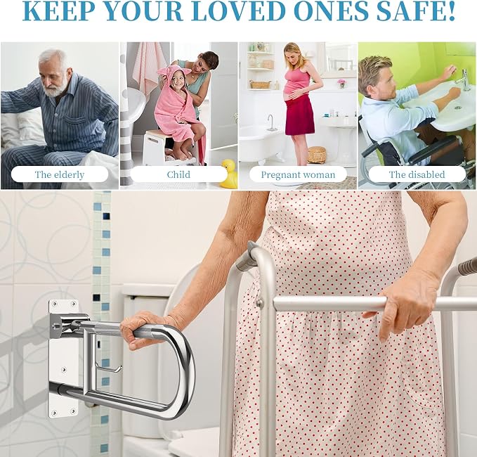 Flip-Up Toilet Grab Bar 24 Inch Chrome, Munzong Handicap Grab Bars | Anti-Slip Bathroom Safety Rails Stainless Steel Knurled Support handrails for Seniors Elderly Disabled Pregnant