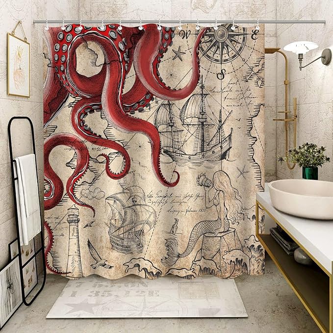 Fungarth Vintage Red Nautical Octopus Shower Curtain Mermaid Funny Ocean Kraken Shower Curtains for Bathroom Cool Anchor Coastal Map Waterproof Fabric Bath Curtain Decor with Hooks (Retro1, 72” x 72”)