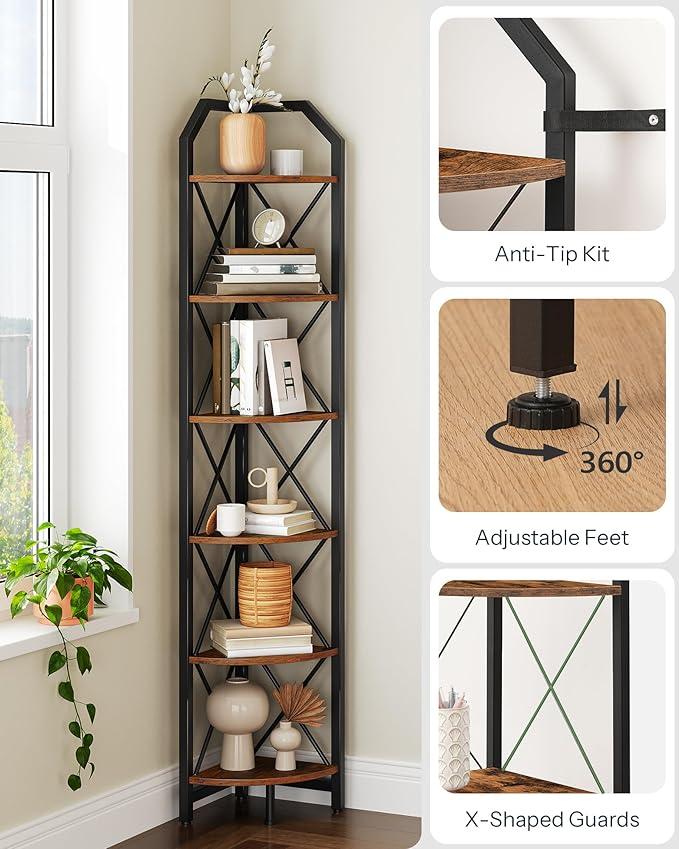 6-Tier Corner Shelf, Industrial Corner Bookshelf, 71.2" Corner Storage Stand, Plant Stand Display Shelf, Corner Bookcase for Bedroom, Living Room, Home Office, Rustic Brown and Black TCJ11BF