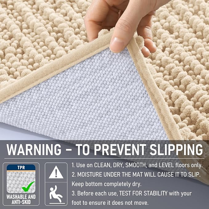 OLANLY Large Bathroom Rugs 40x32, Thick Soft Absorbent Chenille Bath Rugs | Beige, Quick-Drying Rubber Backing, Shaggy Bath Mat, Machine Washable for Floor, Tub and Shower, Home Decor Accessories