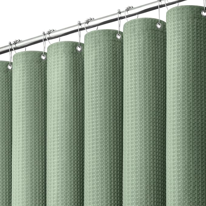 Extra Long Waffle Shower Curtain 256 GSM Fabric 72x90 Sage Green | 90 Inch Tall, Thick Polyester Cloth, Weighted Hem, Water Repellent & Washable, Hotel Shower Curtain Set for Bathroom 12 Hooks