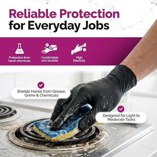 GripProtect Precise Black Nitrile Gloves 4 Mil, Chemical Resistant Gloves | Medium Textured Grip for Mechanics, Tattoos, Food Prep & Cleaning – Medical Grade Disposable Gloves