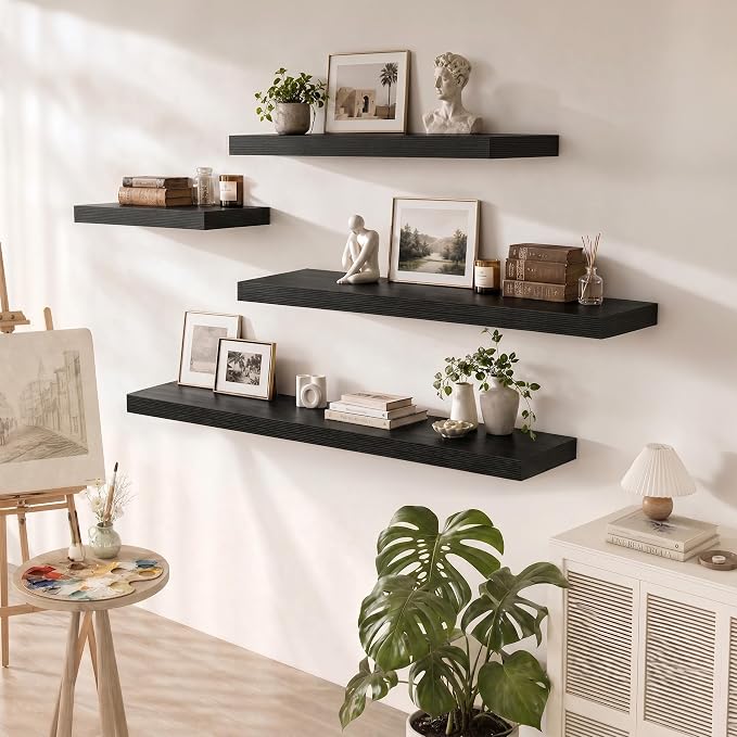 12 Deep Floating Shelves for wall,55 Inch Extra Long Large Wall Shelves Set of 2,2 Inch Thick Heavy Duty Floating Wall Mounted Shelves,Floating Shelf for Fireplace Mantel,Black