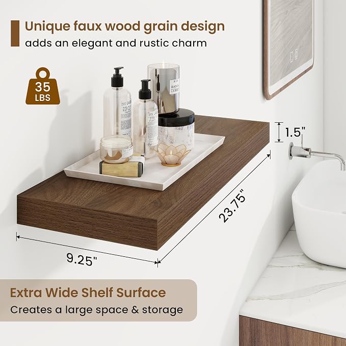 Marsmiles 9.25in Depth 24in Floating Shelves, 24x9.25x1.4, Walnut, Set of 2 | Wall Mounted Engineered Wood Shelves, Invisible Brackets for Living Room, Bedroom, Bathroom, Kitchen Decor and Storage