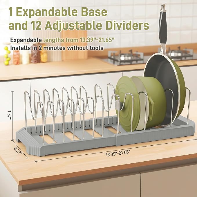 Expandable Pan Organizers Inside Cabinet with 12 Dividers Grey | Extends 12.9-21.9", Holds cookie sheets, cutting boards, pot lids and pans, iron dividers, plastic base, under cabinet rack