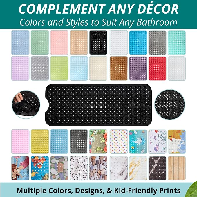 ENKOSI Non-Slip Bath & Shower Mat 40x16 Extra Long, Suction & Drain Holes | Black color; Durable PVC; 40x16 in, Black