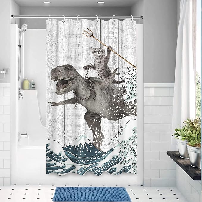 Fungarth Funny Cat Shower Curtain Dinosaur Ocean Sea Wave Shower Curtains for Bathroom Cool Waterproof Fabric Rustic Wooden Farmhouse Bath Curtain Decor (Gray1, 36” x 72”)