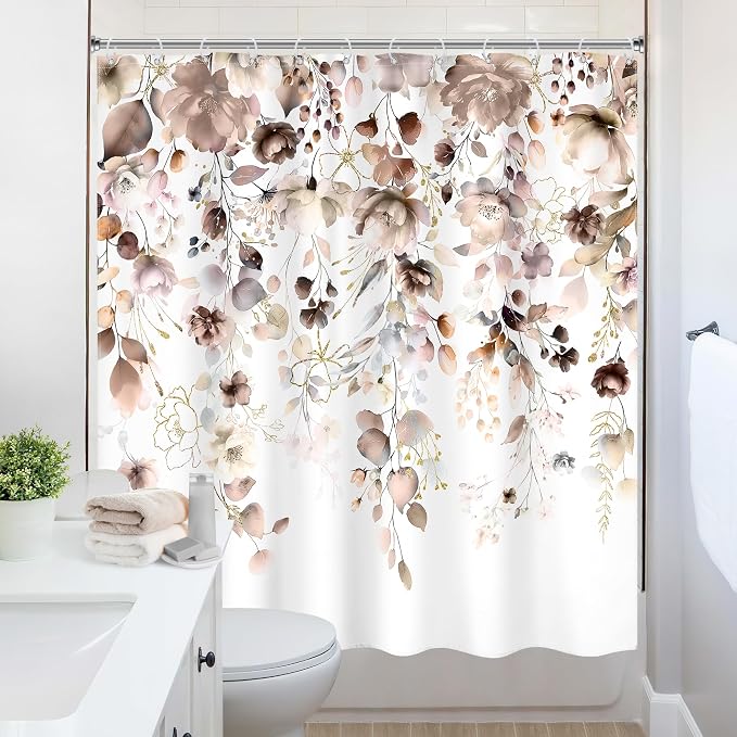 Brown Floral Autumn Fall Tan Watercolor Bathroom Shower Curtain Set | 72"W x 72"L Flower Eucalyptus style, clear shower print, fast-dry fabric and hooks for a simple bath update.