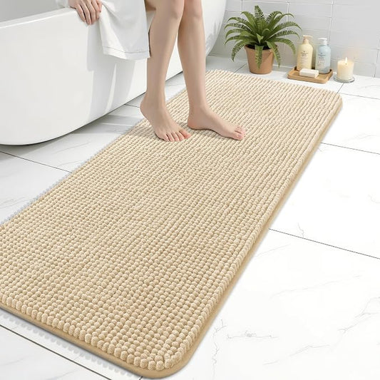 Arotive Chenille Bathroom Rugs 47x17, Soft Absorbent Bath Mat, Beige | Rubber Backing, Machine Washable Dry Bath Mats for Bathroom Floor, Tub and Shower, Home Decor Accessories