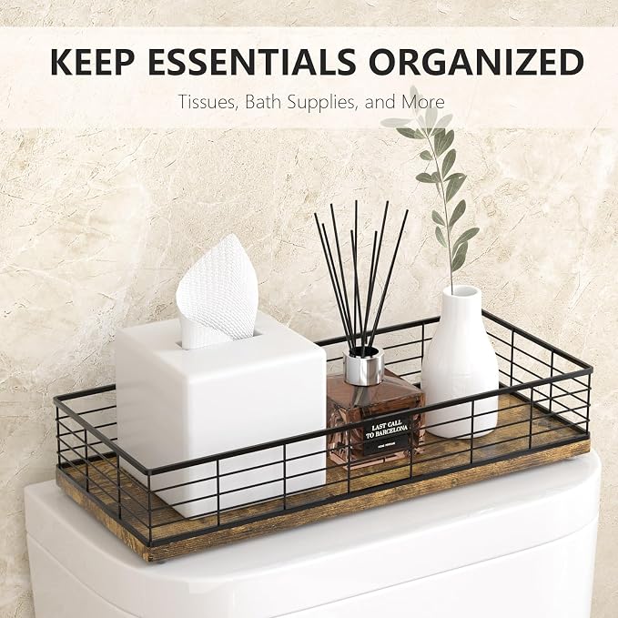 Toilet Paper Storage Basket, 16" Large Wood Toilet Paper Basket | Wooden Toilet Tank Tray for Back of Toilet, Narrow Bathroom Countertop Organizer Iron Metal Frame Decor Black & Vintage Brown