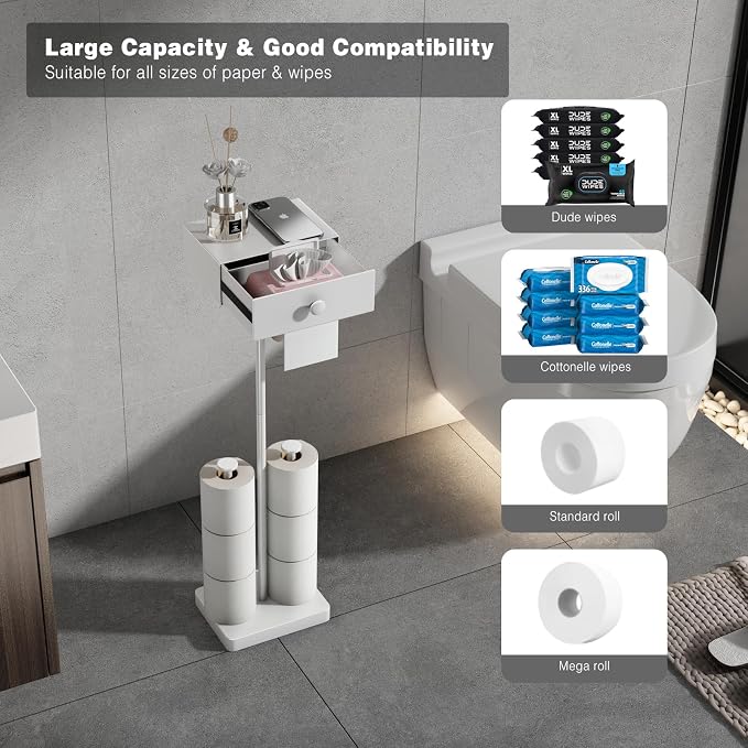 VOLDRA Toilet Paper Holder Stand with Shelf, Free Standing Toilet Paper Roll Holder with Wipes Storage Drawer Heavy Duty Floor Bathroom Tissue Holder Freestanding No Drill Tp Holder for 7 Rolls(White)