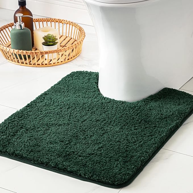 MIULEE Dark Green Microfiber Toilet Bath Rug U-Shaped Contour 20x20 Inch | Absorbent, Non Slip, Quick Dry, Fluffy Bath Rugs for Bathroom Floor Tub Showers, Machine Washable