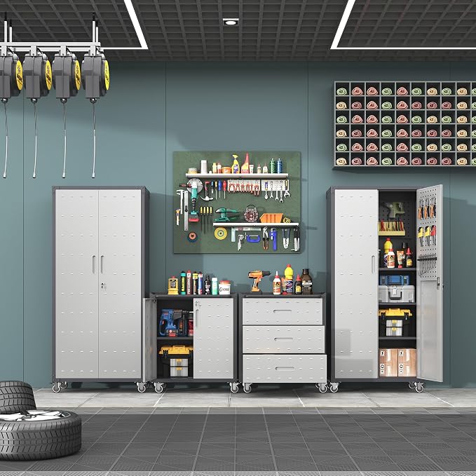 Garage Storage Cabinet System,Wall Cabinet & Locking Rolling Tool Cabinet with Doors and Adjustable Shelves