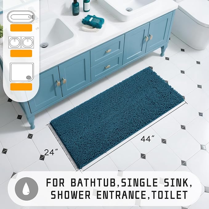 Yimobra Long Bathroom Rugs 44"x24", Extra Soft Non Slip Bath Mat for Tub, Super Absorbent Quick Dry Shaggy Rug Floor Carpet, Machine Washable,Peacock Blue