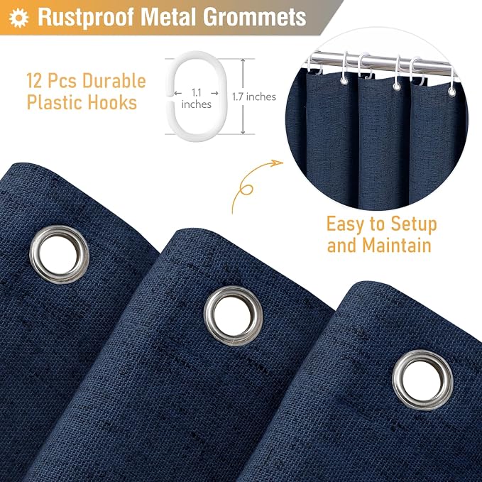 Linen Ruffle Modern Farmhouse Cloth Shower Curtain, 72x72, Navy Blue | Ruffle Hem, Heavy Duty Fabric, 12 Hooks, Elegant Drape, Shabby Chic Style, Bathroom Decor, Machine Washable, Easy To Install