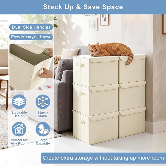 Large 42 Quarts Collapsible Stackable Storage Bins Cube with Lids [3-Pack] Foldable Fabric Linen Storage Boxes, Closet Organizer Baskets with Label for Home (16.7 x 12 x 12, Beige)