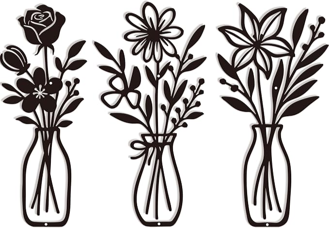 CarryWise 3 Piece Metal Flower Wall Art for Bedroom Living Room Rustic Farmhouse Floral Wall Decor for Bathroom Dining Room Boho Home Decorations Modern Minimalism Walls Hanging Sculptures(Black)