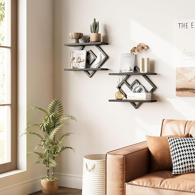 ELYKEN Floating Shelves for Wall, Set of 2 Hanging Shelves, Black | 2-Tier Wall Mounted Storage Shelves for Decor, Books, Perfect for Living Room, Bedroom, Kitchen, Home Office, Bathroom, Study