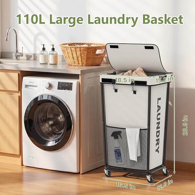 Laundry Hamper with Wheels and Lid, 110L Large Rolling Laundry Basket White | Heavy Duty Clothes Organizer, Sturdy Metal Frame, Lockable Swivel Casters, Removable Bag, For Bedroom, Bathroom, Laundry Room